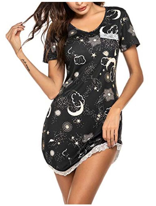 Ekouaer Sleepwear Womens Nightgown Sexy Sleep Shirt Dress V Neck Short Sleeve Lace Trim Soft Nightshirt (XS-3XL)