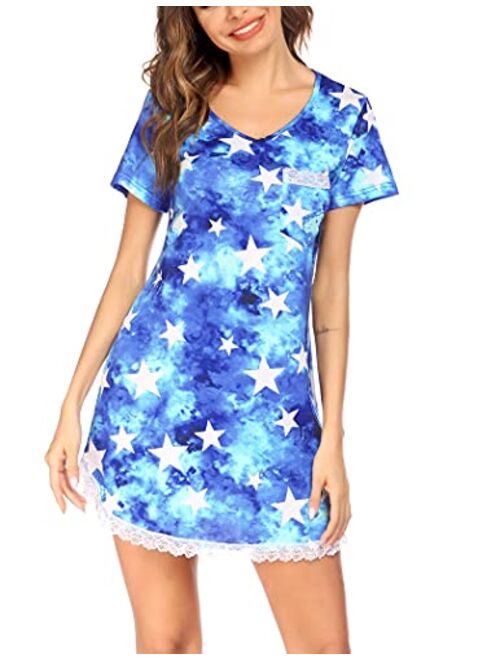 Ekouaer Sleepwear Womens Nightgown Sexy Sleep Shirt Dress V Neck Short Sleeve Lace Trim Soft Nightshirt (XS-3XL)