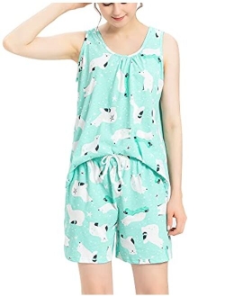 ENJOYNIGHT Women's Cute Sleeveless Print Tee and Shorts Sleepwear Tank Top Pajama Set