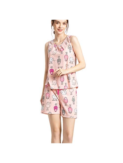 ENJOYNIGHT Women's Cute Sleeveless Print Tee and Shorts Sleepwear Tank Top Pajama Set