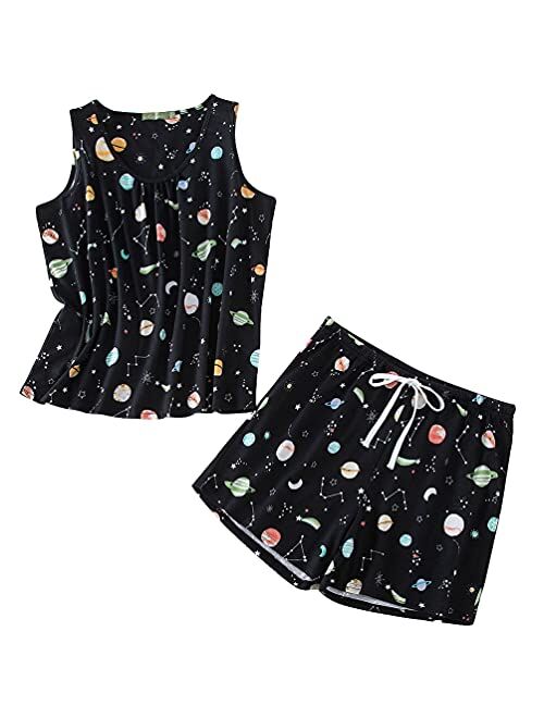 ENJOYNIGHT Women's Cute Sleeveless Print Tee and Shorts Sleepwear Tank Top Pajama Set