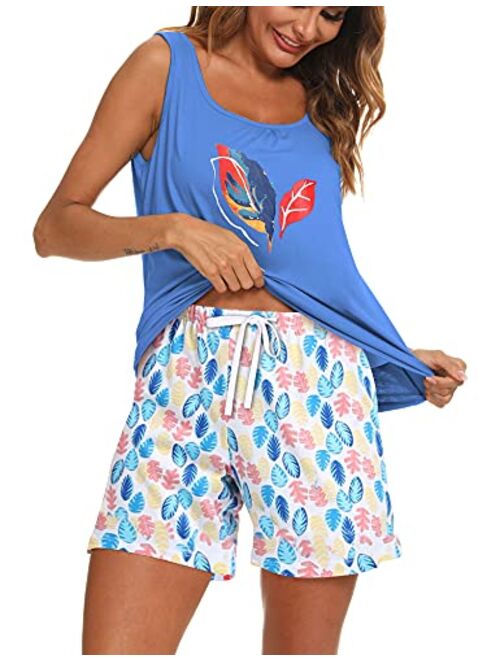 ENJOYNIGHT Women's Cute Sleeveless Print Tee and Shorts Sleepwear Tank Top Pajama Set