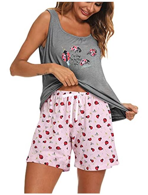 ENJOYNIGHT Women's Cute Sleeveless Print Tee and Shorts Sleepwear Tank Top Pajama Set