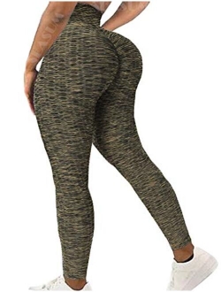 Womens Ribbed Yoga Active Leggings - High Waist Workout Butt Push Up Pants Sports Textured Stretchy Tights