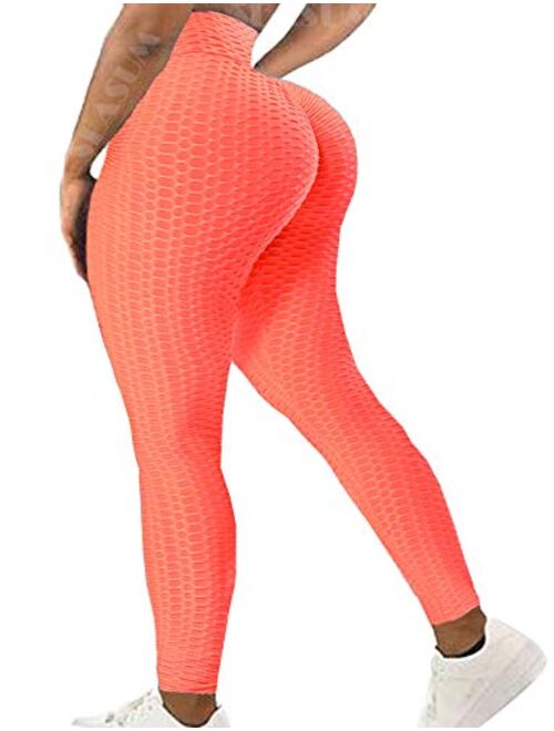 Seasum Womens Ribbed Yoga Active Leggings - High Waist Workout Butt Push Up Pants Sports Textured Stretchy Tights