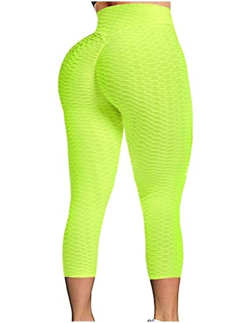 Seasum Womens Ribbed Yoga Active Leggings - High Waist Workout Butt Push Up Pants Sports Textured Stretchy Tights