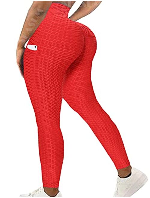 Seasum Womens Ribbed Yoga Active Leggings - High Waist Workout Butt Push Up Pants Sports Textured Stretchy Tights