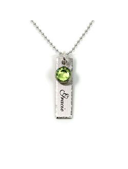 Single Edge-Hammered Personalized Charm Necklace. Customize a Sterling Silver Rectangular Pendant with Name of Your Choice. Choose a Swarovski Birthstones, and 925 Chain.