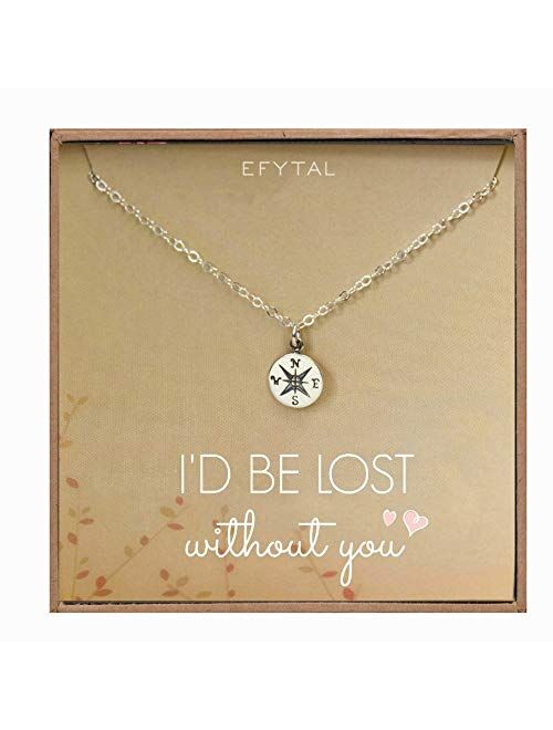 EFYTAL Necklace Gift for Girlfriend/Wife, Sterling Silver Cute I Love You Compass Heart Jewelry for Her, I'd Be Lost Without You Valentines Day, Romantic Anniversary Birt