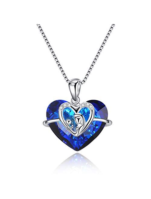 AOBOCO 925 Sterling Silver Mom Necklace with Blue Heart Swarovski Crystals Mothers Birthday Jewelry Gifts