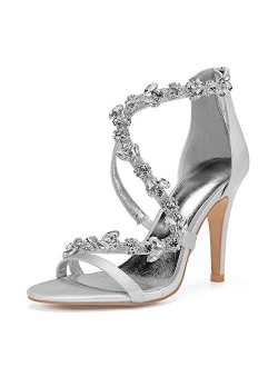 LLBubble Women High Heels Satin Crystals Wedding Bridal Sandals Open Toe Zipper Back Straps Prom Evening Formal Party Dress