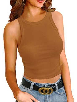 LOLONG Women Cotton Round Neck Ribbed Tank Basic Solid Top