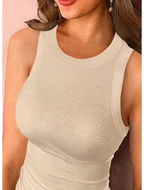 LOLONG Women Cotton Round Neck Ribbed Tank Basic Solid Top