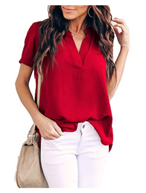 Allimy Women Summer Casual Split V Neckline Chiffon Blouses Loose Tunic Short Sleeve Tops