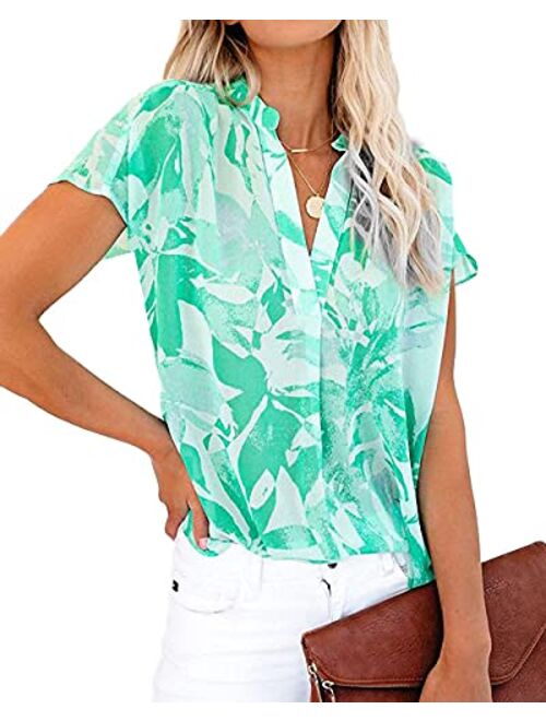 Allimy Women Summer Casual Split V Neckline Chiffon Blouses Loose Tunic Short Sleeve Tops