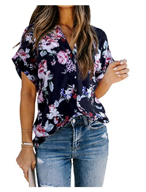 Allimy Women Summer Casual Split V Neckline Chiffon Blouses Loose Tunic Short Sleeve Tops