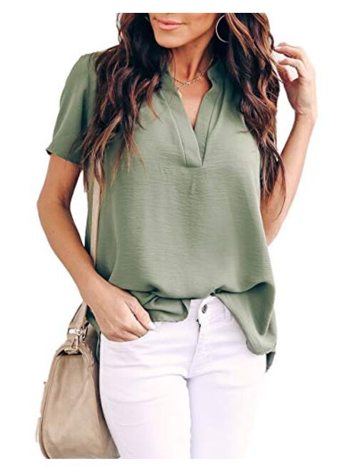 Allimy Women Summer Casual Split V Neckline Chiffon Blouses Loose Tunic Short Sleeve Tops