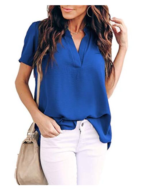 Allimy Women Summer Casual Split V Neckline Chiffon Blouses Loose Tunic Short Sleeve Tops