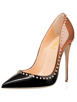 Women Pumps Pointed Toe High Heel Stilettos Rivets Studded Patent Leather Shoes Size 4-15 US