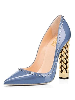 Women Pumps Pointed Toe High Heel Stilettos Rivets Studded Patent Leather Shoes Size 4-15 US