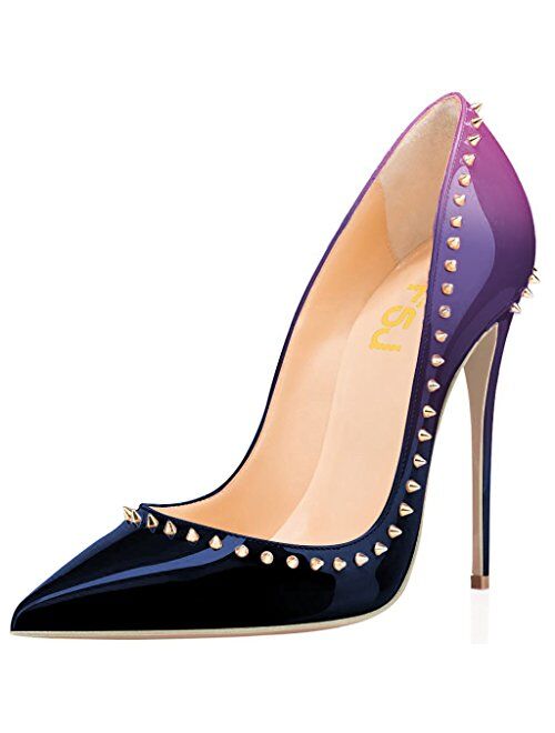 FSJ Women Pumps Pointed Toe High Heel Stilettos Rivets Studded Patent Leather Shoes Size 4-15 US