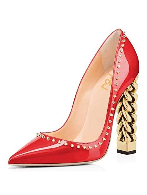 FSJ Women Pumps Pointed Toe High Heel Stilettos Rivets Studded Patent Leather Shoes Size 4-15 US