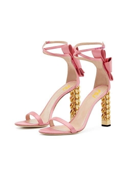 Women Flower Gold Metal Chain Chunky High Heels Ankle Strap Sandals Open Toe Fashion Shoes Size 4-15 US