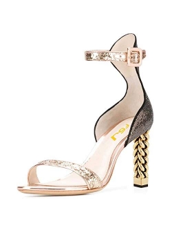 Women Flower Gold Metal Chain Chunky High Heels Ankle Strap Sandals Open Toe Fashion Shoes Size 4-15 US