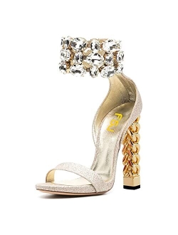 Women Flower Gold Metal Chain Chunky High Heels Ankle Strap Sandals Open Toe Fashion Shoes Size 4-15 US