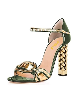 Women Flower Gold Metal Chain Chunky High Heels Ankle Strap Sandals Open Toe Fashion Shoes Size 4-15 US