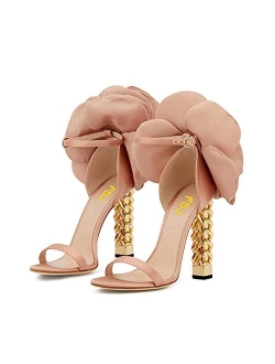 Women Flower Gold Metal Chain Chunky High Heels Ankle Strap Sandals Open Toe Fashion Shoes Size 4-15 US