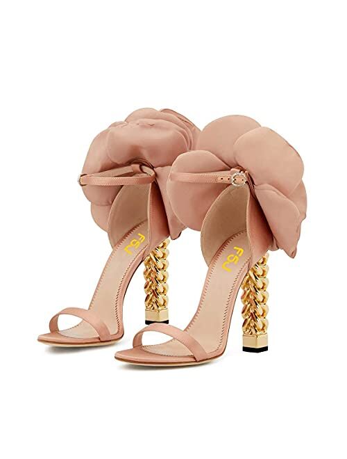 FSJ Women Flower Gold Metal Chain Chunky High Heels Ankle Strap Sandals Open Toe Fashion Shoes Size 4-15 US