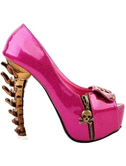 SHOW STORY Womens Skull Zipper Peeptoe Platform Bone Heel Club Pumps,LF80624