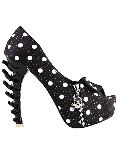 SHOW STORY Womens Skull Zipper Peeptoe Platform Bone Heel Club Pumps,LF80624