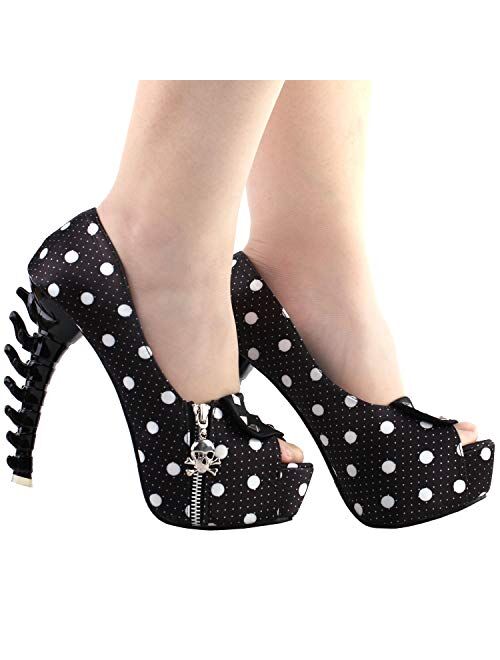 SHOW STORY Womens Skull Zipper Peeptoe Platform Bone Heel Club Pumps,LF80624