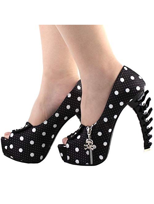 SHOW STORY Womens Skull Zipper Peeptoe Platform Bone Heel Club Pumps,LF80624