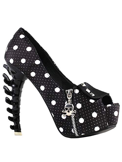 SHOW STORY Womens Skull Zipper Peeptoe Platform Bone Heel Club Pumps,LF80624