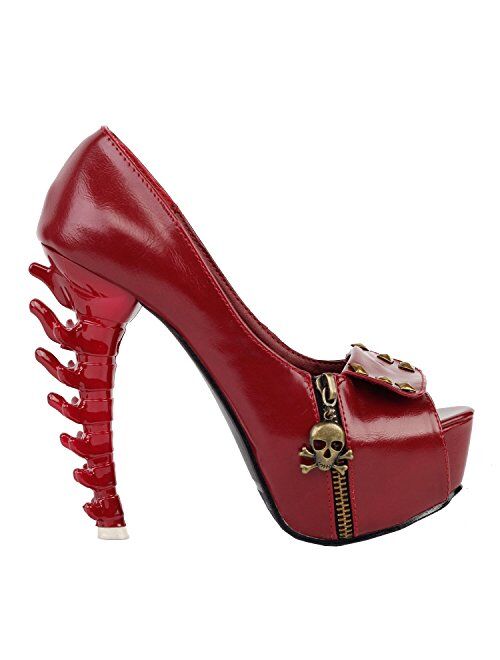 SHOW STORY Womens Skull Zipper Peeptoe Platform Bone Heel Club Pumps,LF80624