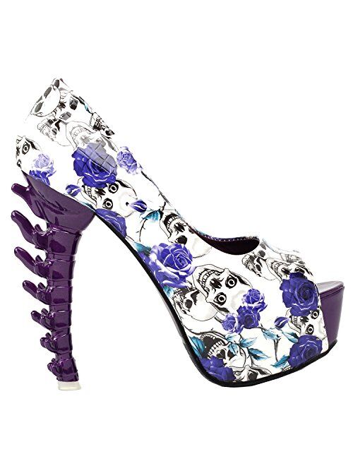 SHOW STORY Skull Rose Print Peeptoe Platform Bone Heel Party Club Pumps,LF80629