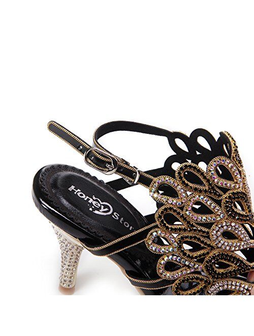 Honeystore Women's Peacock Shaped Pattern Handmade Rhinestone Sandals