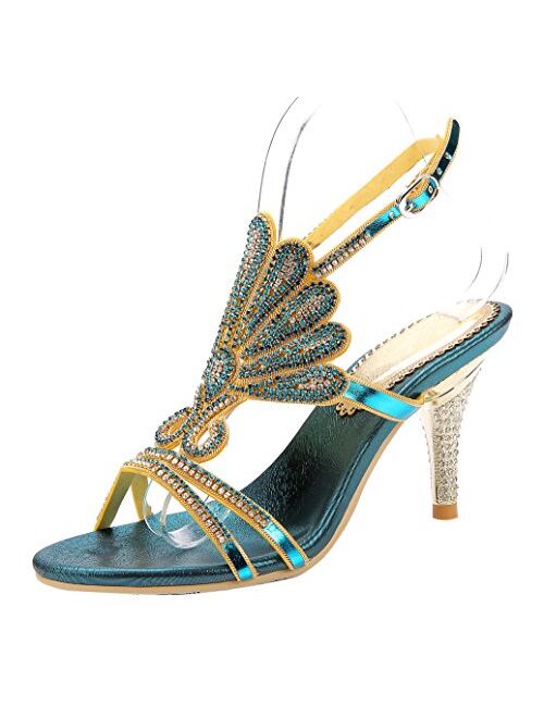 Honeystore Women's Peacock Shaped Pattern Handmade Rhinestone Sandals