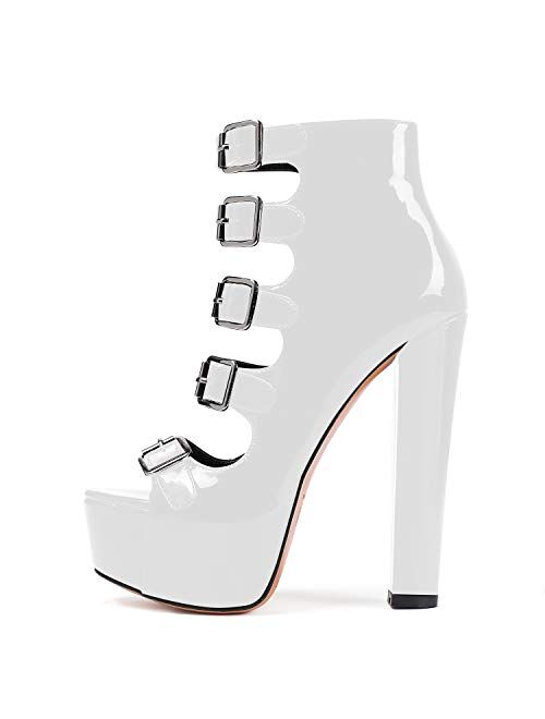 YODEKS Women's Platform Block High Heel Sandals Open Peep Toe Buckle Zipper Chunky Heeled Sandals