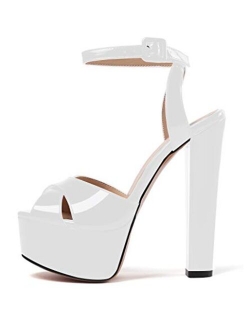 Eldof Women's Platform Sandals Ankle Strap 5" High Heels Cross Strap Chunky Heel Sandals for Party Wedding Dress