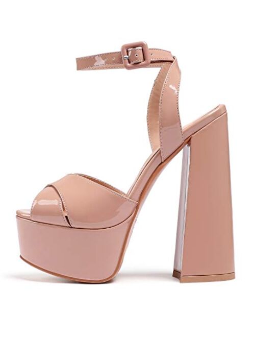 Eldof Women's Platform Sandals Ankle Strap 5" High Heels Cross Strap Chunky Heel Sandals for Party Wedding Dress