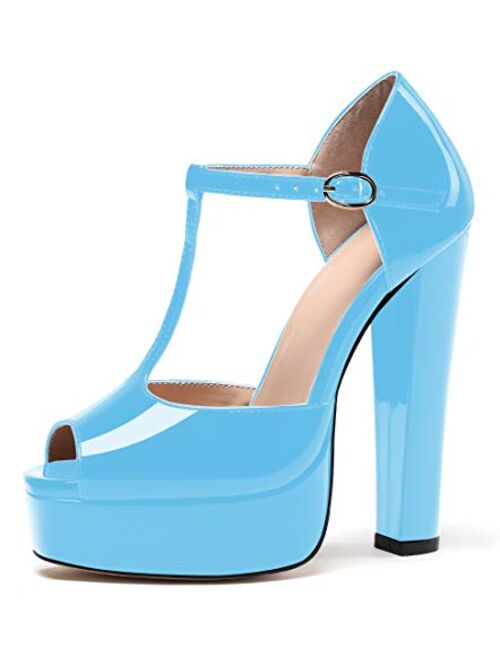 Eldof Women's Ankle Strap Peep Toe Platform Chuncky High Heel Sandals T-Strap Squre Toe Party Dress Casual Shoes