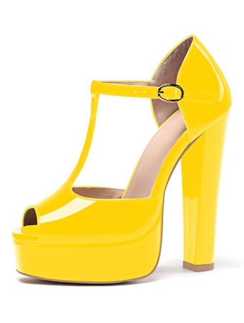 Eldof Women's Ankle Strap Peep Toe Platform Chuncky High Heel Sandals T-Strap Squre Toe Party Dress Casual Shoes