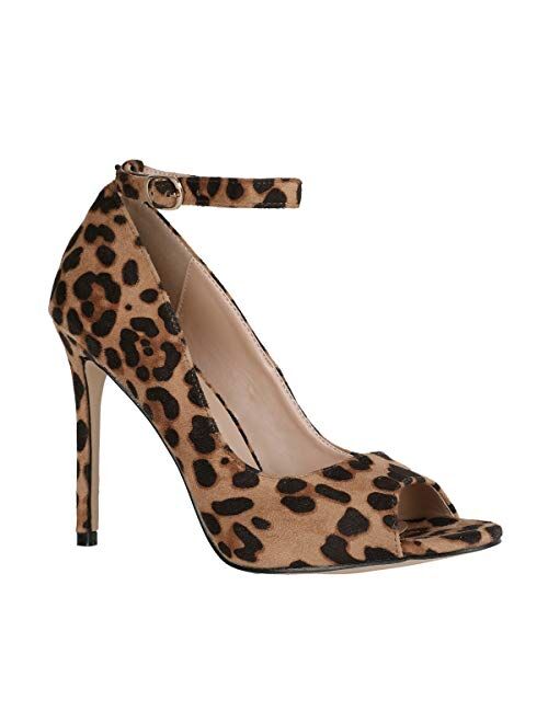 Ermonn Womens Leopard Stiletto Heels Peep Toe Ankle Strap Thin High Heeled Pumps D'Orsay Sandals