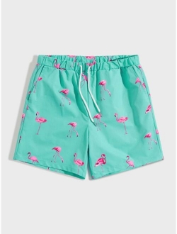 Men Drawstring Waist Flamingo Print Shorts