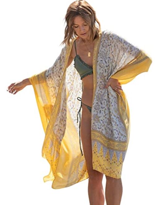 Moss Rose Women's Beach Cover up Swimsuit Kimono Cardigan with Bohemian Floral Print