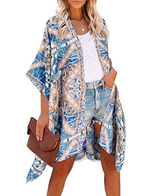 Moss Rose Women's Beach Cover up Swimsuit Kimono Cardigan with Bohemian Floral Print